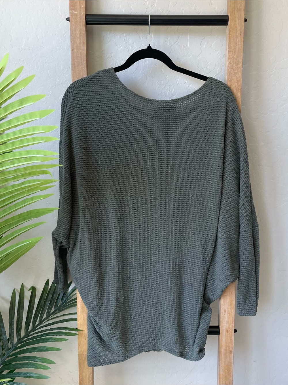 Jolie Olive Green Waffle Knit Oversized Dolman Sleeve Top
